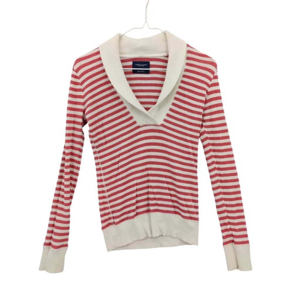 American Eagle Vntg Women Y2K Preppy Nautical Shawl Neck Sweater L Red Striped